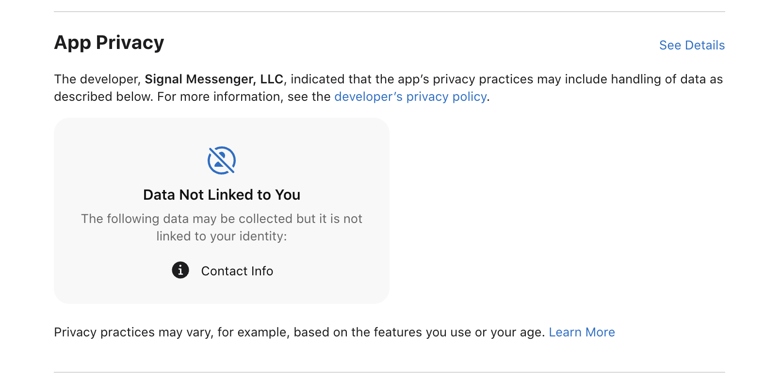 Screenshot of the Signal privacy practices on the AppStore showing only a single data which may be collected but is not linked to the user.